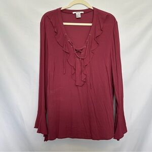 Masseys Long Sleeve Top‎ with Ruffle and Lace up Neck Line
